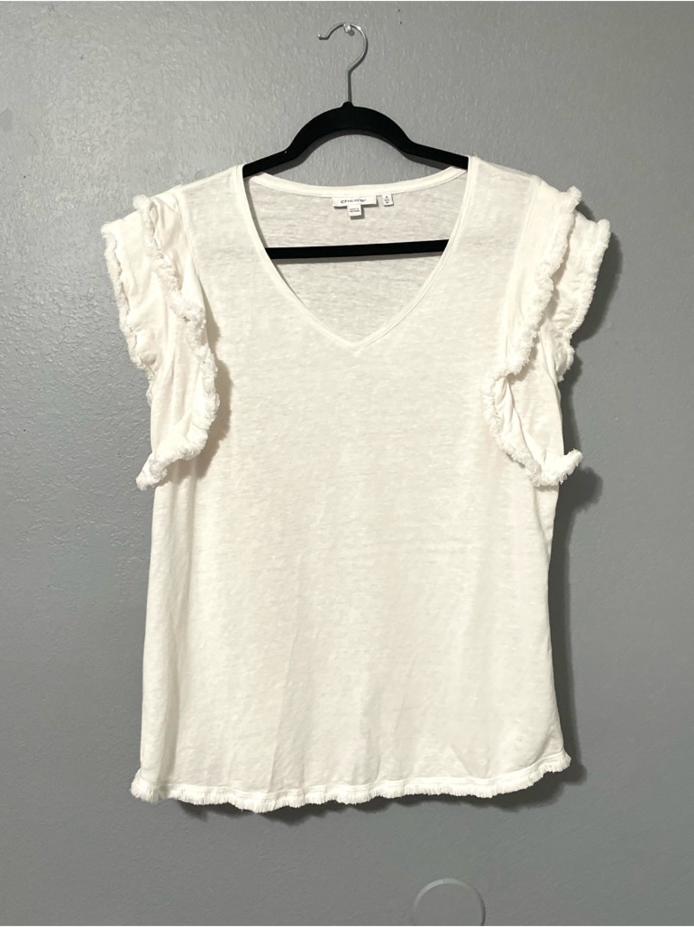 Chico's Liben Blend White V-Neck Raw Edge Hem Ruffle Sleeve Tee Top XL 3